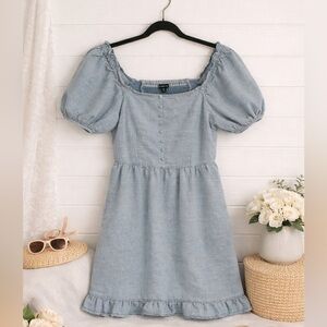 Who What Wear Blue Soft Chambray Mini Dress Puff Sleeve Cottagecore Smocked XS